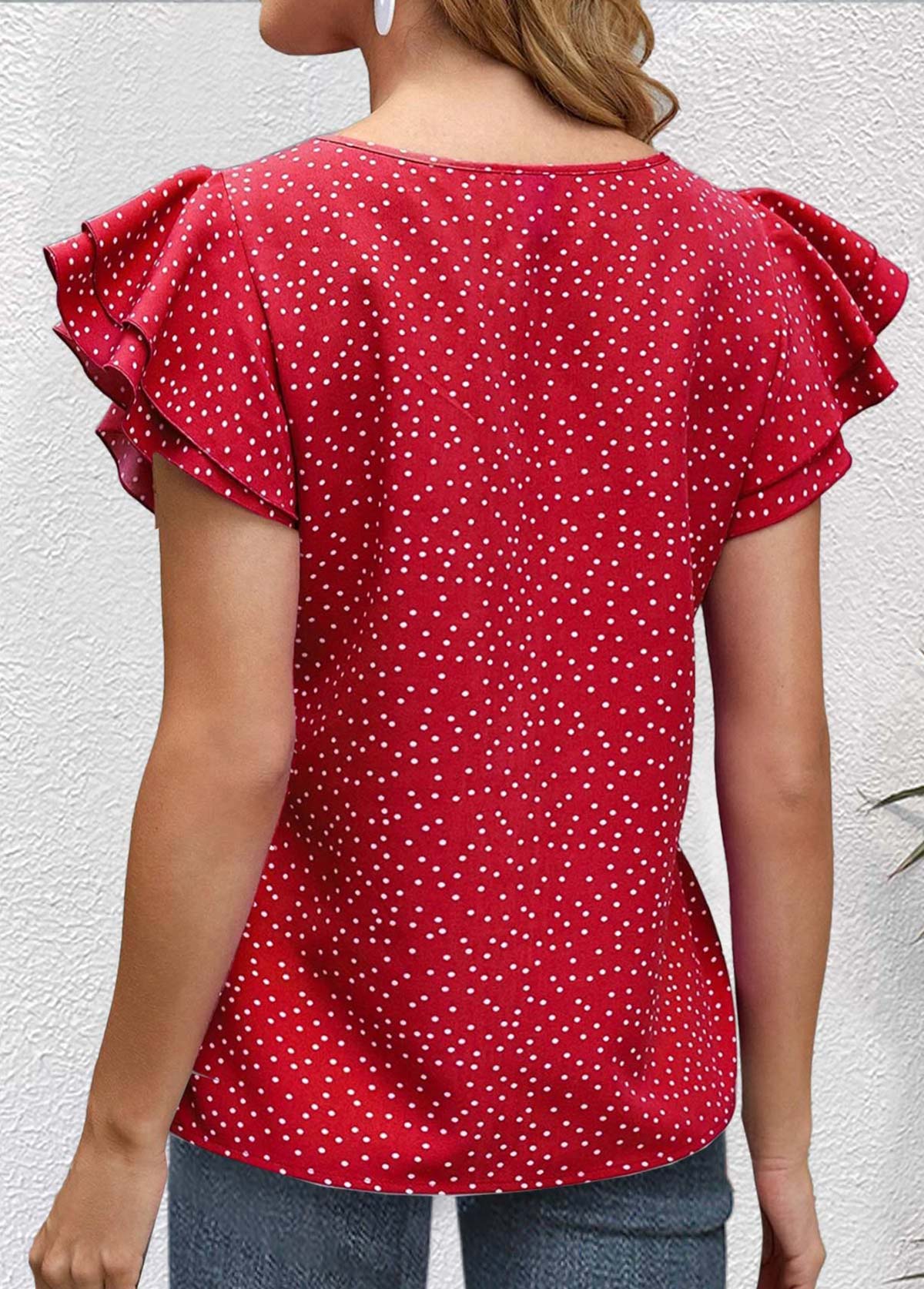 Red Cut Out Polka Dot Short Sleeve Blouse