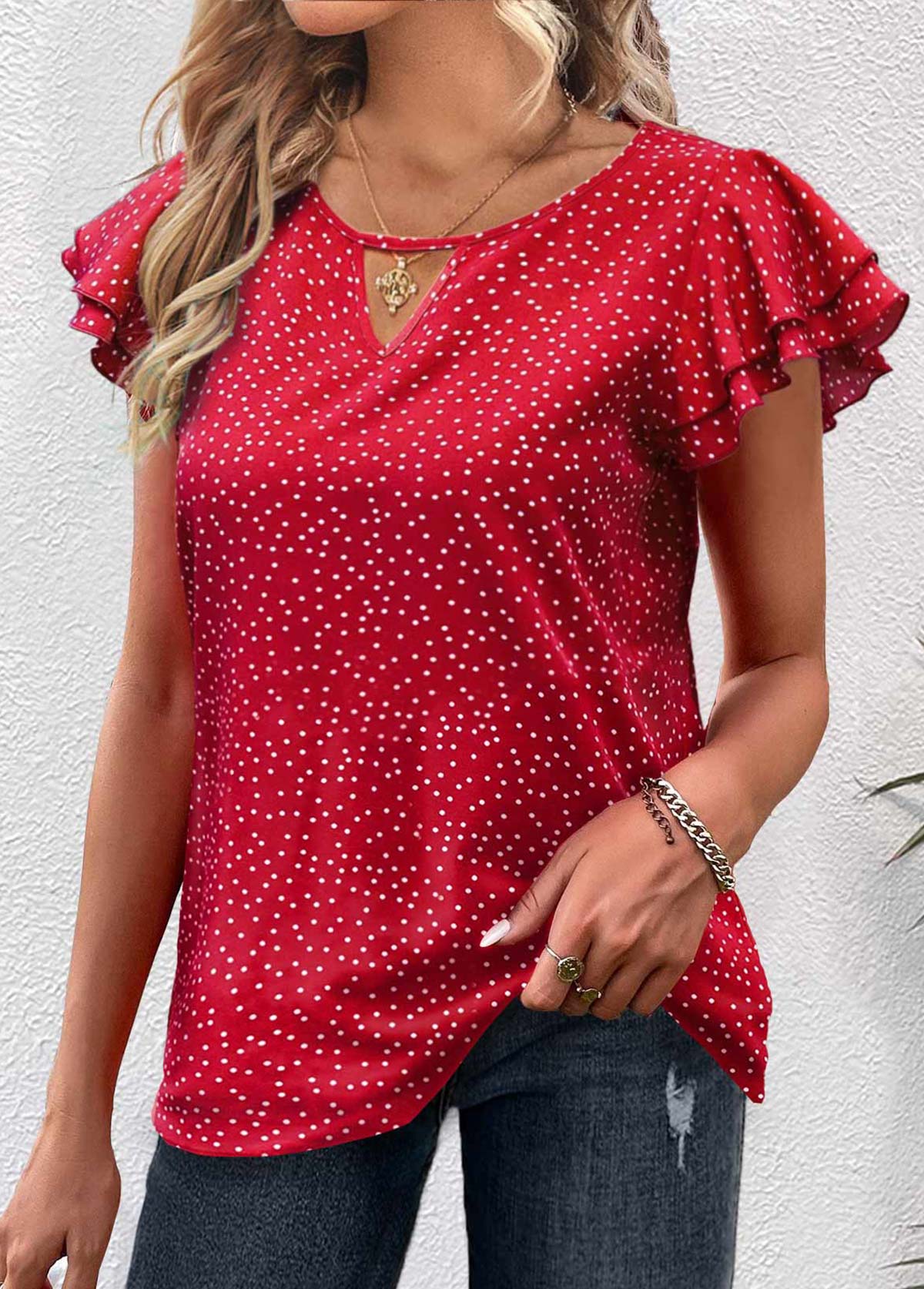 Red Cut Out Polka Dot Short Sleeve Blouse | picture 