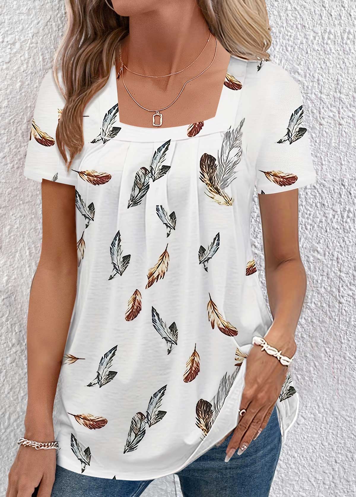 White Ruched Feathers Print Short Sleeve T Shirt