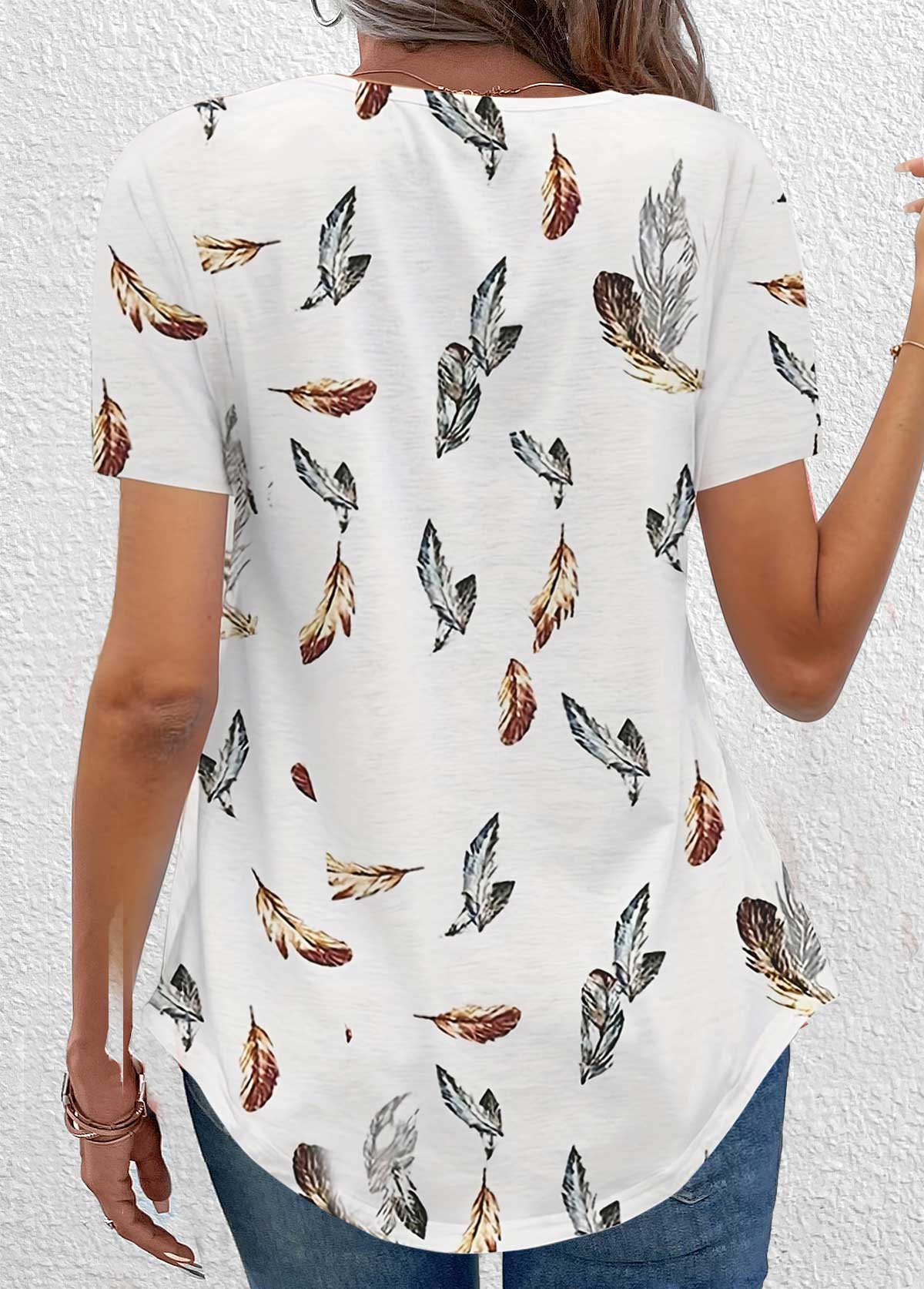 White Ruched Feathers Print Short Sleeve T Shirt