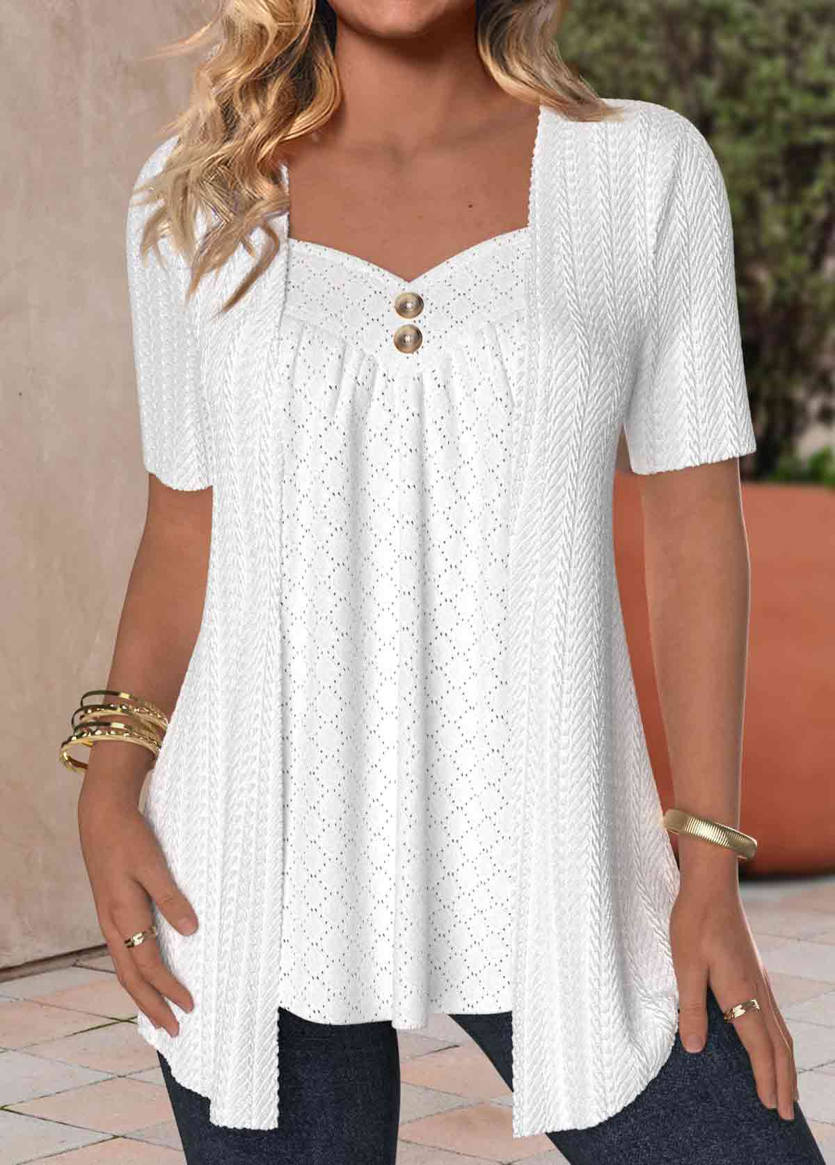 White Heart Collar Short Sleeve Fake Two Piece Blouse – Textured