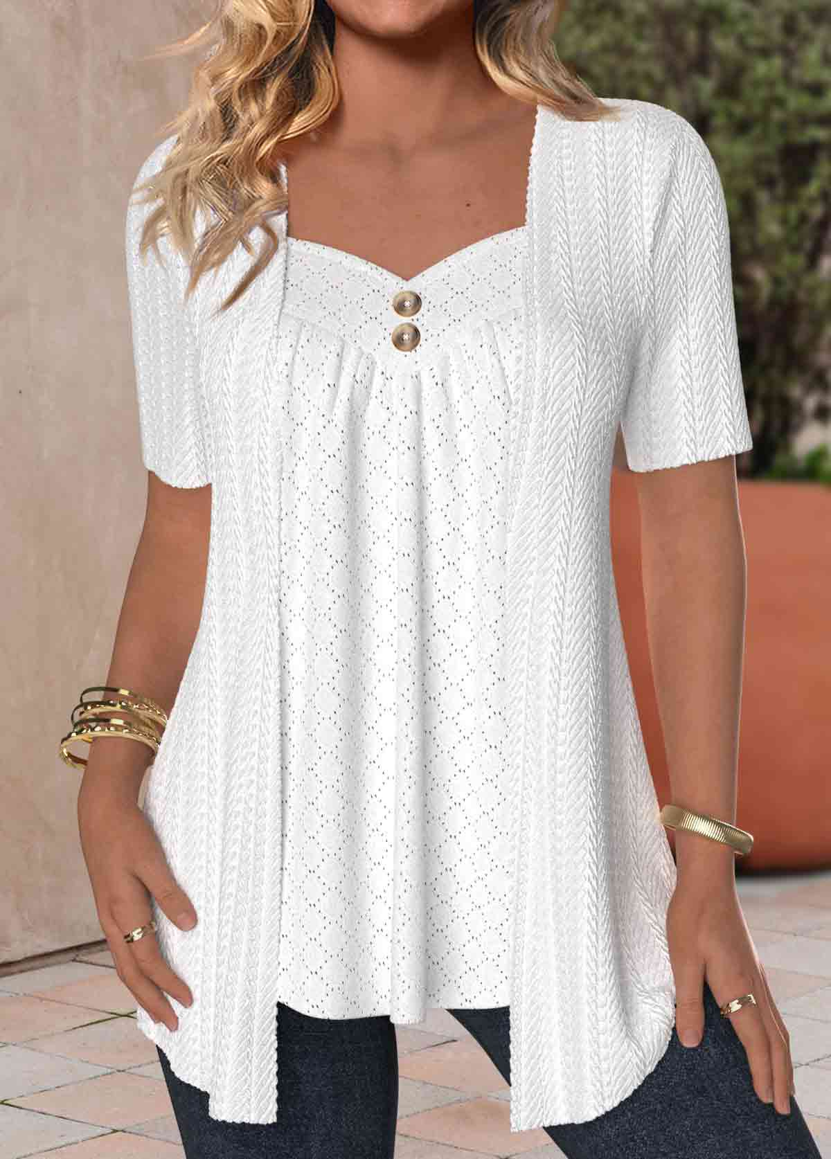 Plus Size White Textured Fabric Short Sleeve T Shirt