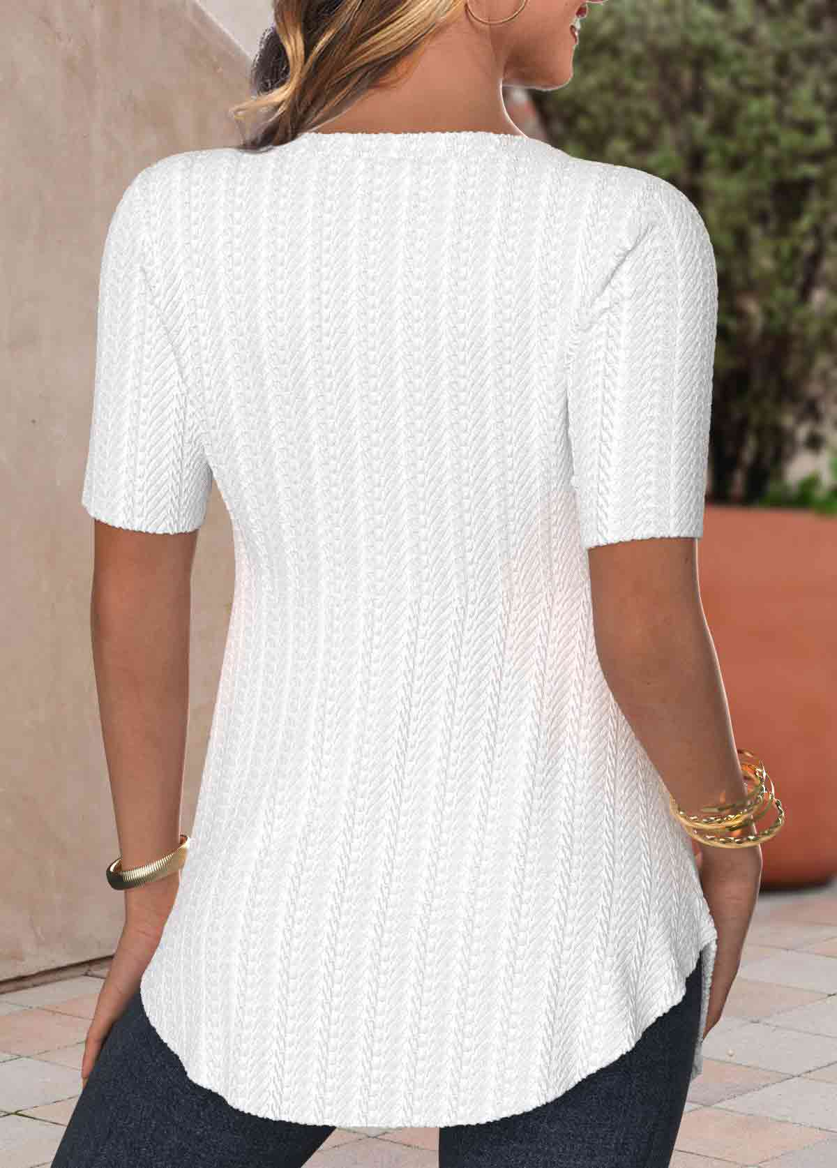 White Textured Fabric Short Sleeve Heart Collar T Shirt