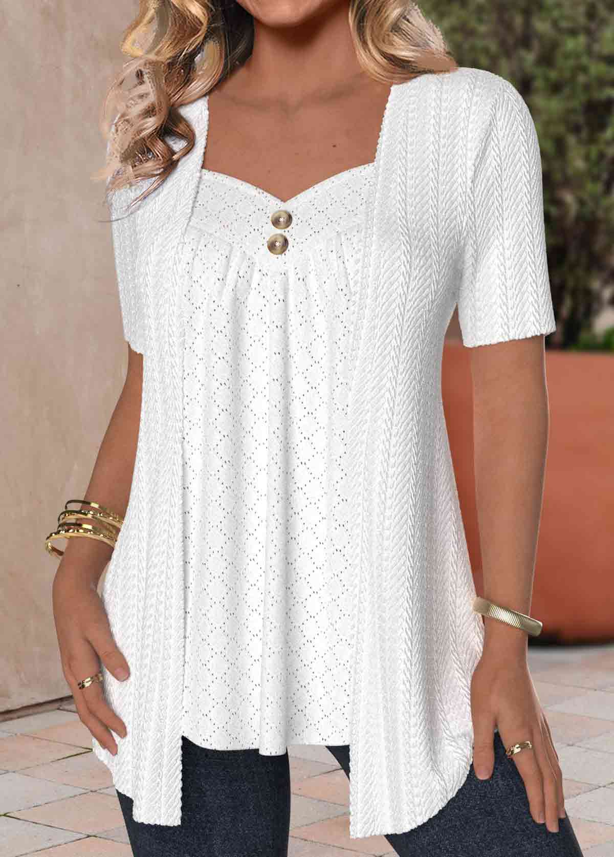 White Textured Fabric Short Sleeve Fake Two Piece Twinset | picture 
