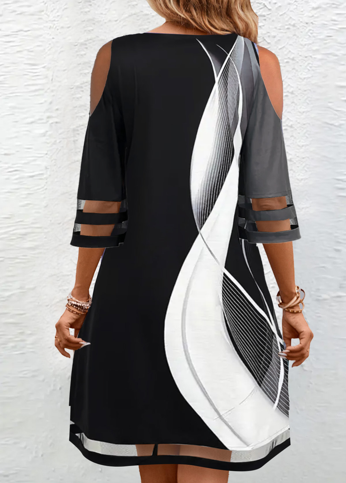Black Mesh Geometric Print A Line 3/4 Sleeve Dress