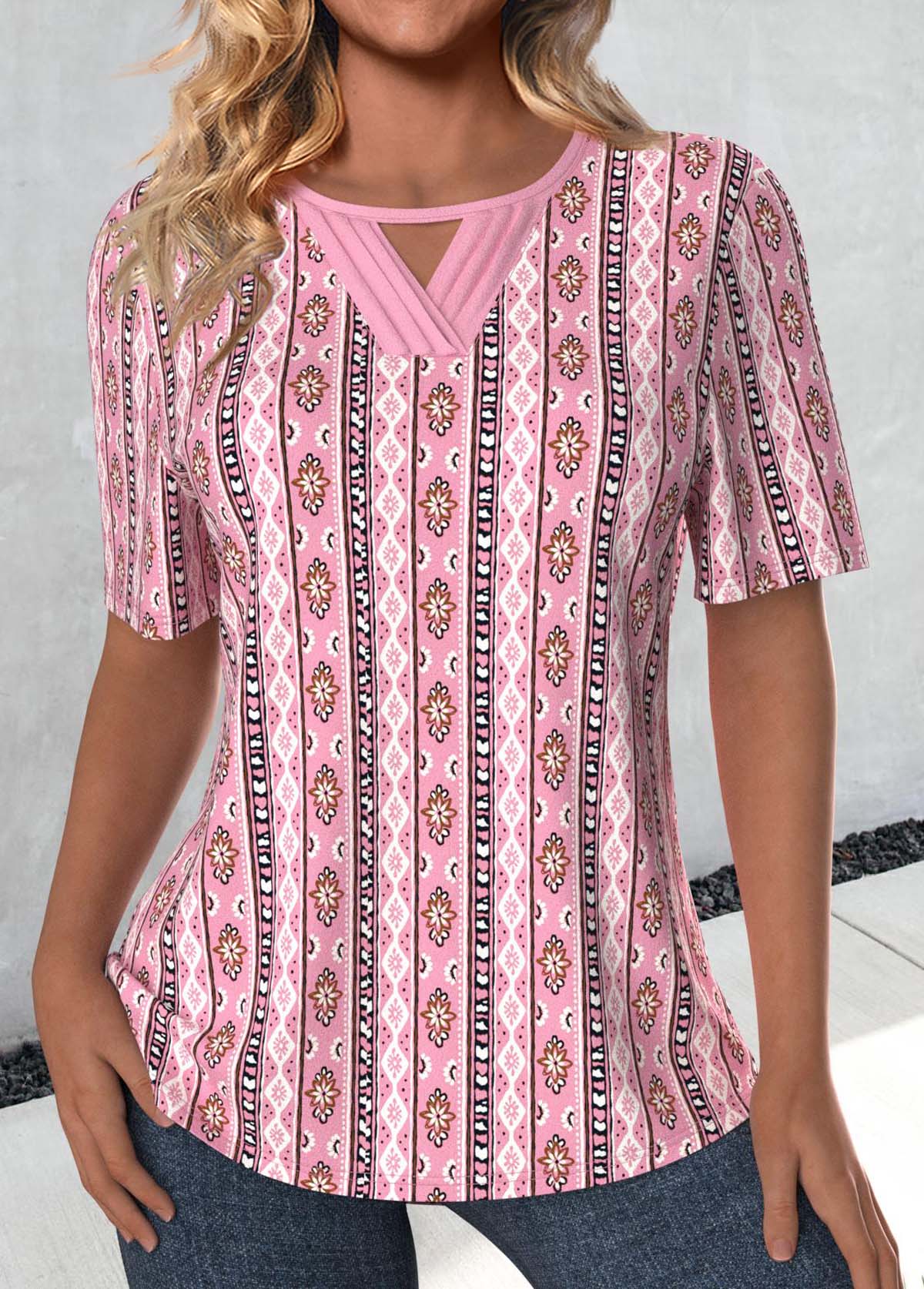 Pink Cut Out Tribal Print Short Sleeve T Shirt | picture 