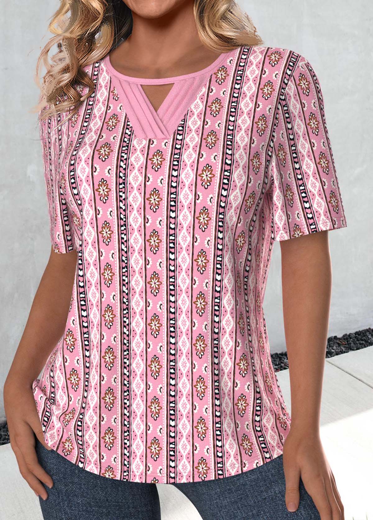 Pink Cut Out Tribal Print Short Sleeve T Shirt | picture 