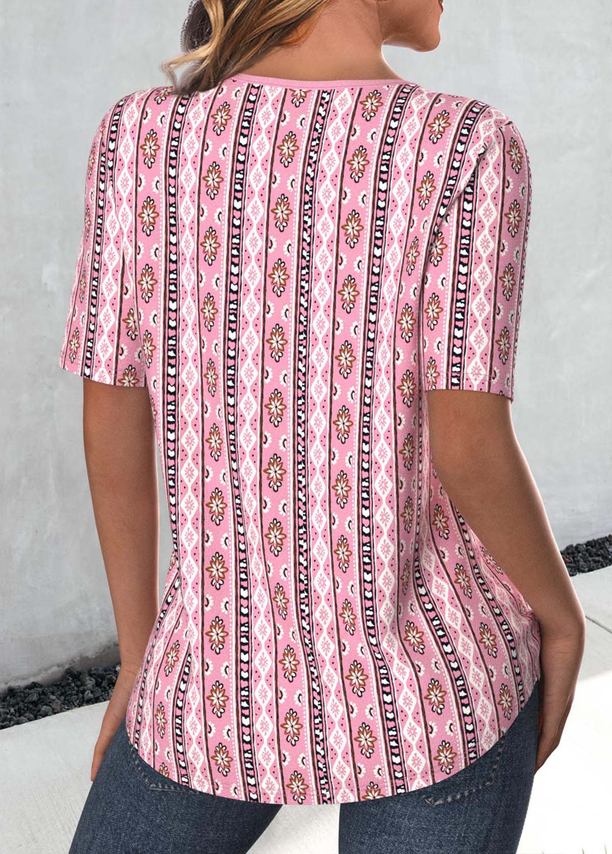 Pink Cut Out Tribal Print Short Sleeve T Shirt