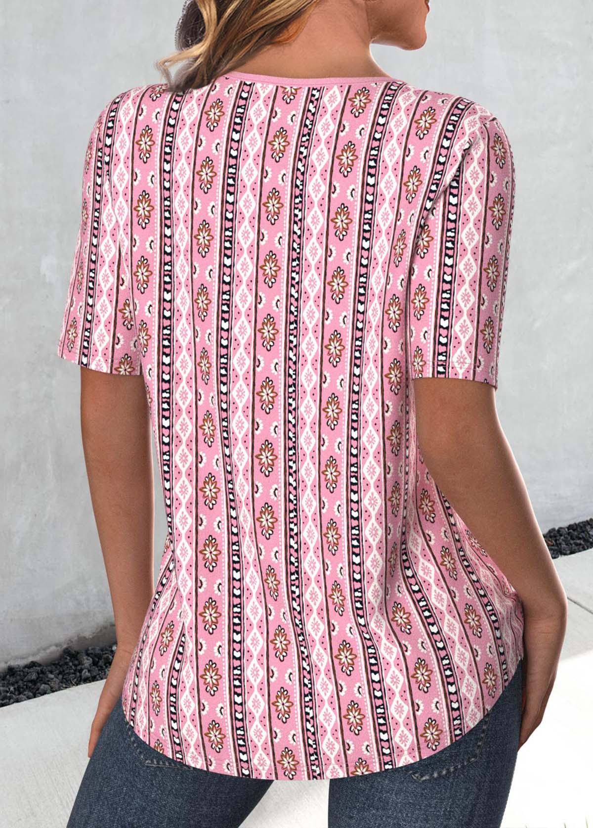 Pink Cut Out Tribal Print Short Sleeve T Shirt | picture 
