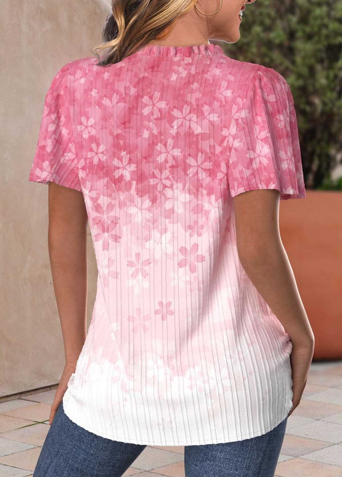Pink Button Floral Print Short Sleeve Split Neck Blouse | picture 
