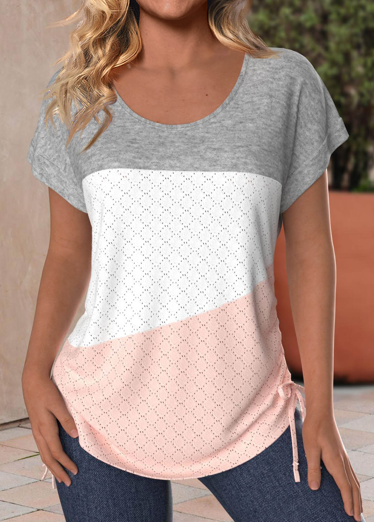 Dusty Pink Patchwork Short Sleeve Round Neck T Shirt