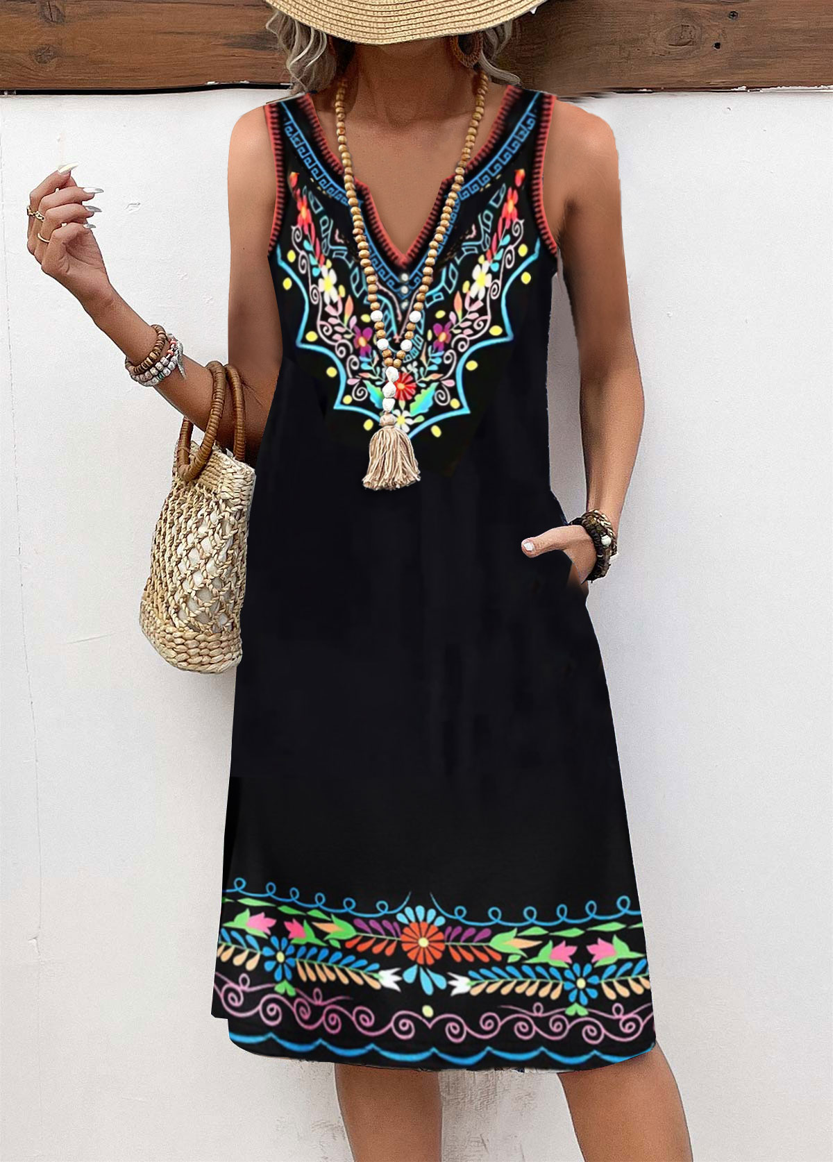Black Breathable Tribal Print A Line Sleeveless Dress