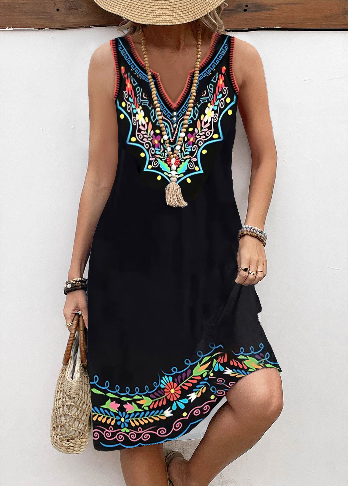 Black Breathable Tribal Print A Line Sleeveless Dress | picture 