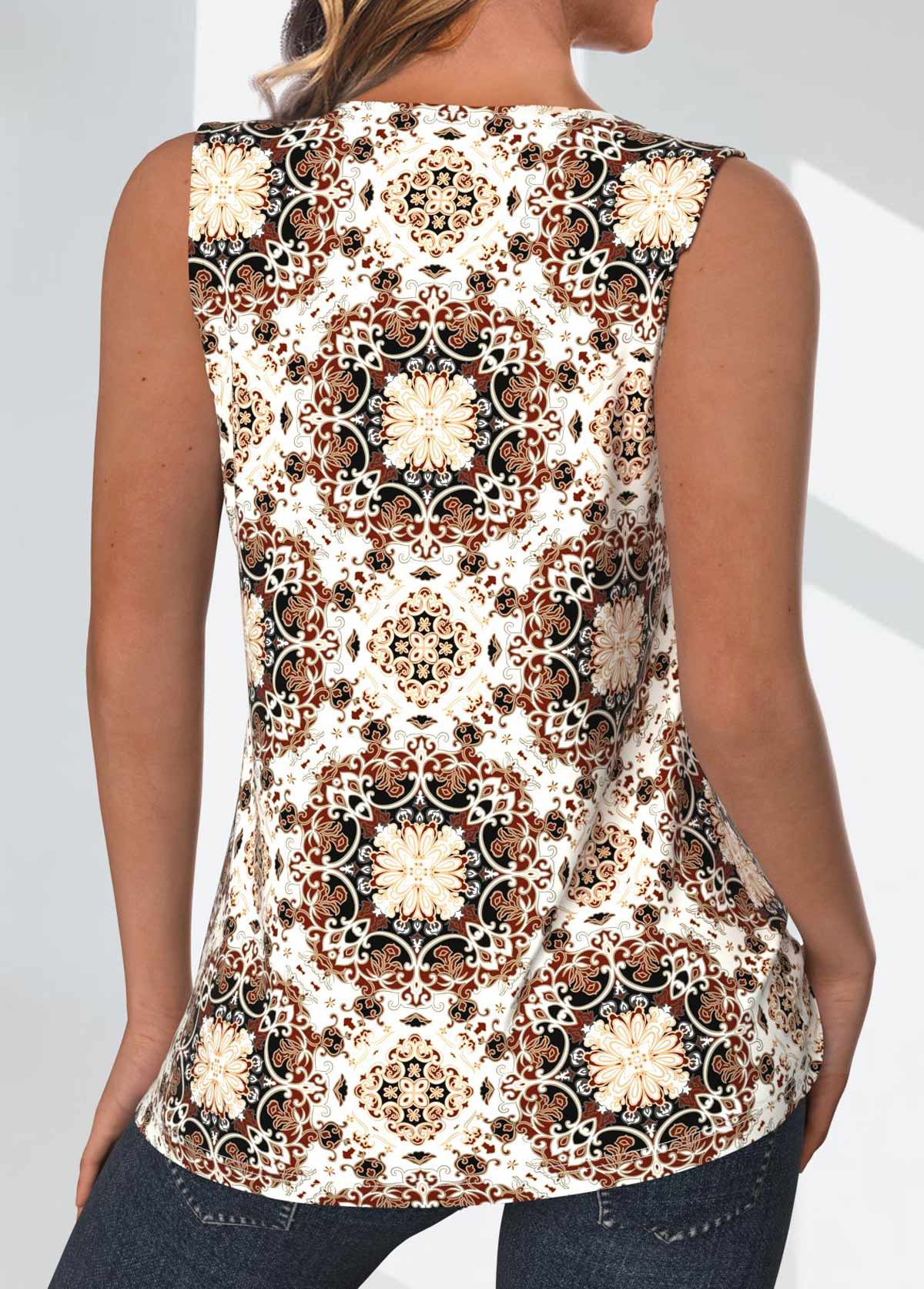 Light Coffee Patchwork Tribal Print Sleeveless Tank Top | picture 