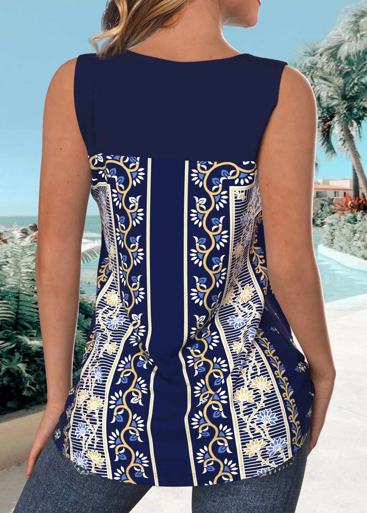 Navy Criss Cross Tribal Print Sleeveless Tank Top | picture 