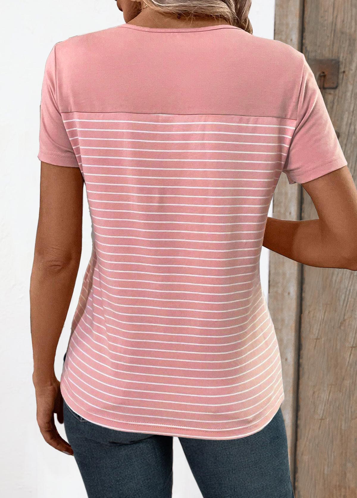 Dusty Pink Patchwork Striped Short Sleeve T Shirt