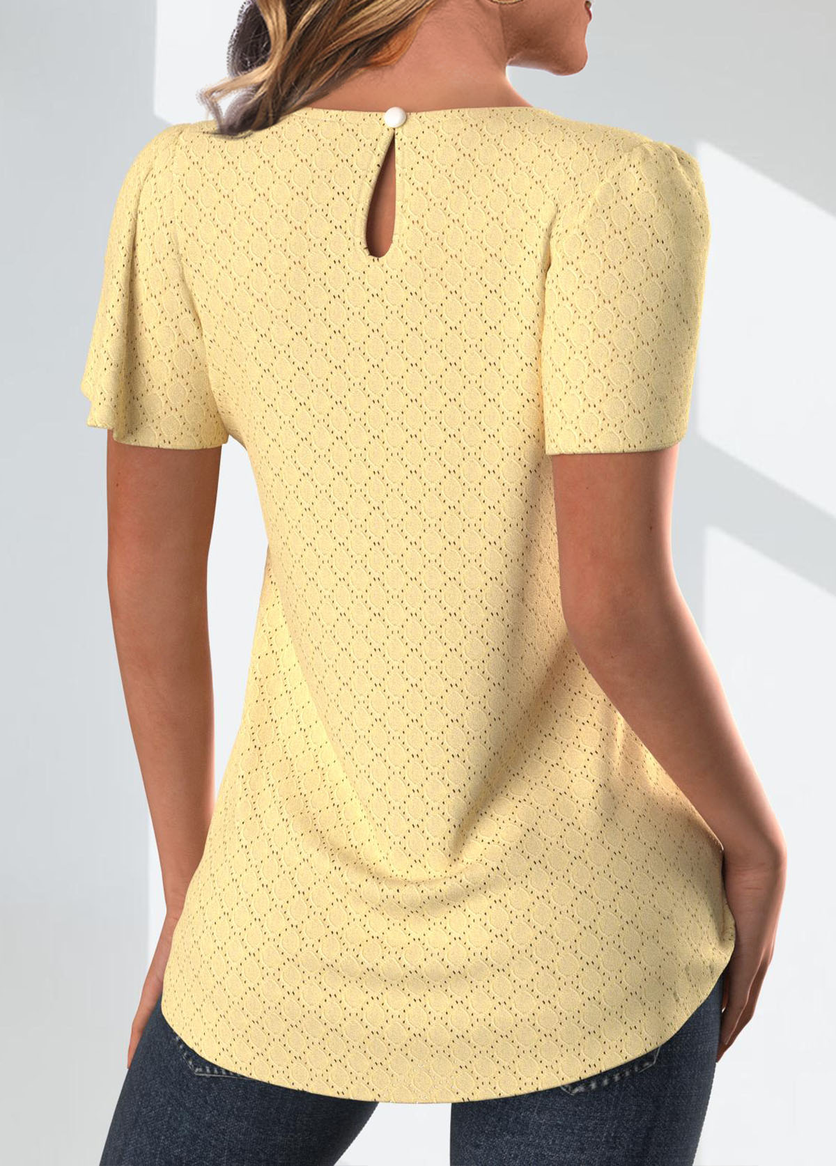 Light Yellow Lace Short Sleeve Round Neck T Shirt | picture 
