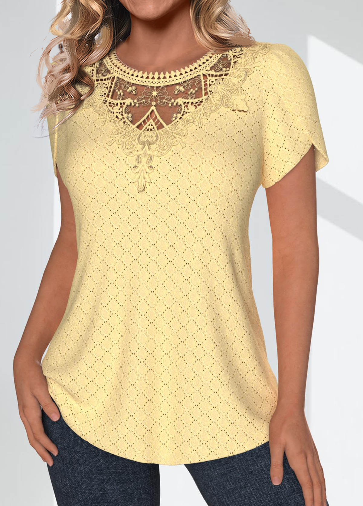Light Yellow Lace Short Sleeve Round Neck T Shirt | picture 