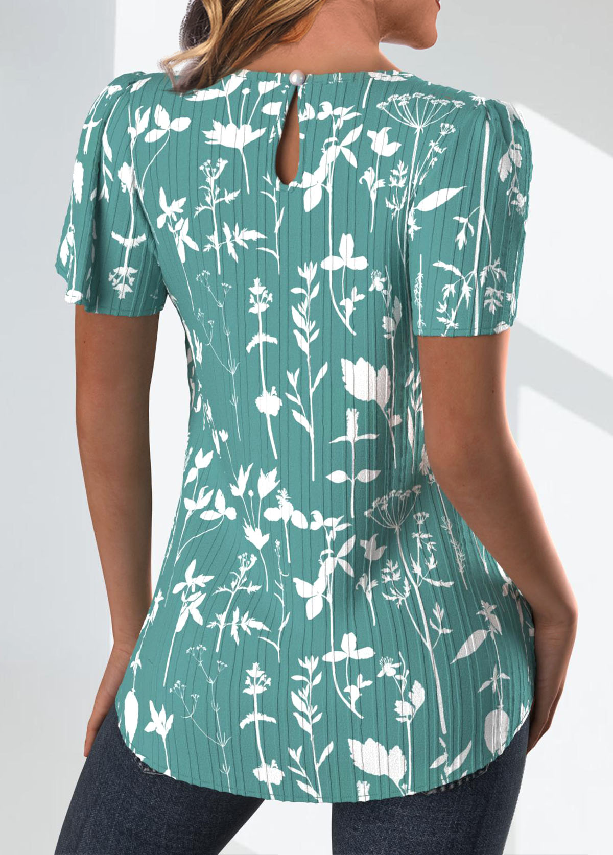 Green Tuck Stitch Floral Print Short Sleeve Blouse