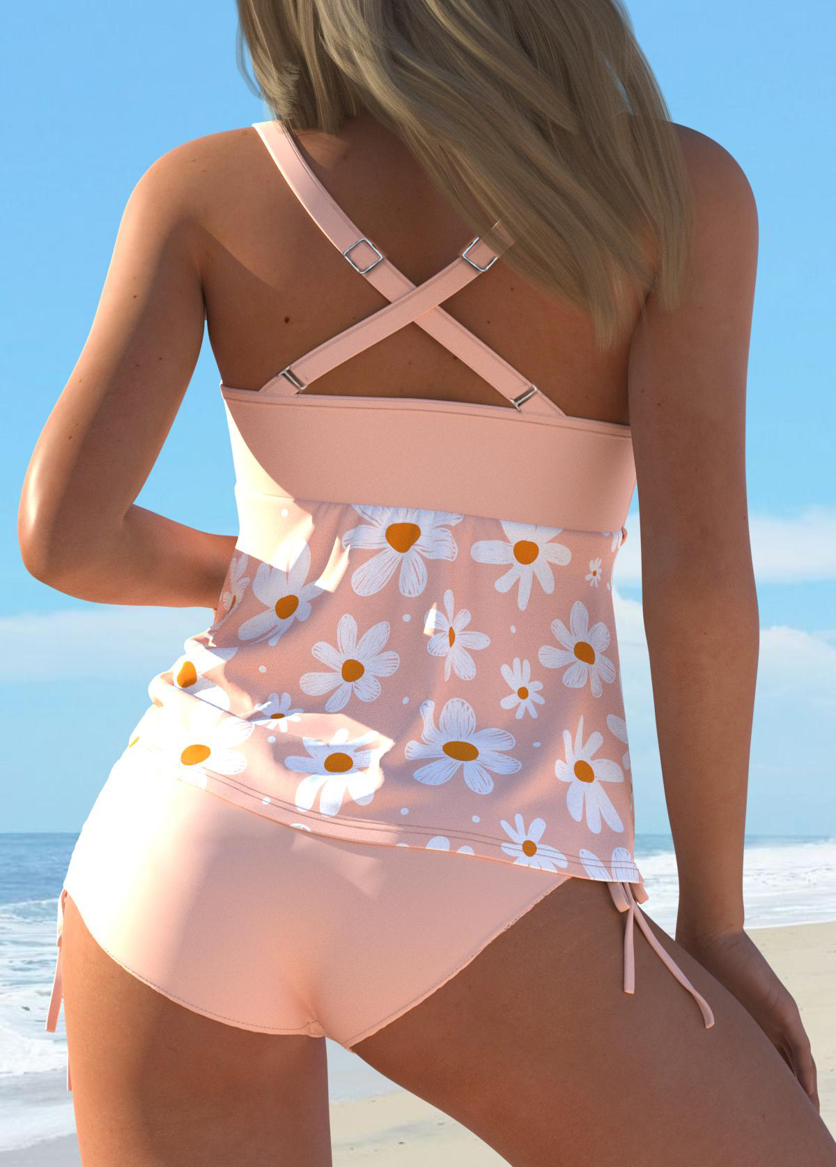 Ruched Floral Print Light Pink Tankini Set