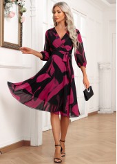 Black Layered Graffiti Print Belted 3/4 Sleeve Dress | thumb picture 