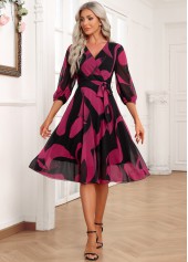Black Layered Graffiti Print Belted 3/4 Sleeve Dress