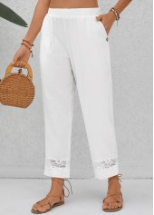 White Patchwork Elastic Waist High Waisted Pants