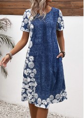 Denim Blue Pocket Floral Print A Line Dress | thumb picture 