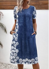 Denim Blue Pocket Floral Print A Line Dress | thumb picture 