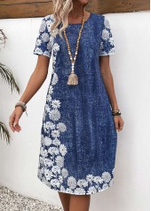 Denim Blue Pocket Floral Print A Line Dress | thumb picture 