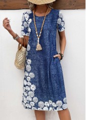 Denim Blue Pocket Floral Print A Line Dress | thumb picture 