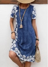 Denim Blue Pocket Floral Print A Line Dress