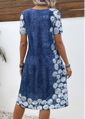 Denim Blue Pocket Floral Print A Line Dress | thumb picture 
