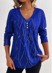 Dark Blue Button Geometric Print Long Sleeve T Shirt