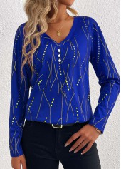 Dark Blue Button Geometric Print Long Sleeve T Shirt | thumb picture 