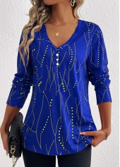 Dark Blue Button Geometric Print Long Sleeve T Shirt | thumb picture 