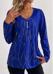 Dark Blue Button Geometric Print Long Sleeve T Shirt | thumb picture 