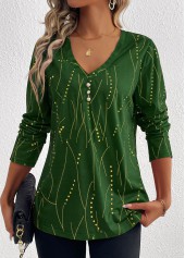 Green Button Geometric Print Long Sleeve T Shirt | thumb picture 