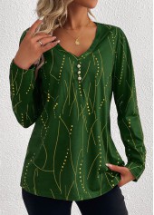 Green Button Geometric Print Long Sleeve T Shirt | thumb picture 