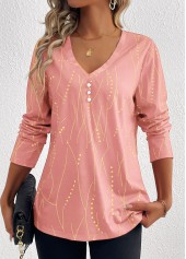Pink Button Geometric Print Long Sleeve T Shirt | thumb picture 