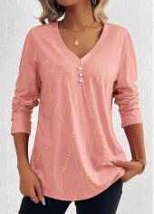 Pink Button Geometric Print Long Sleeve T Shirt
