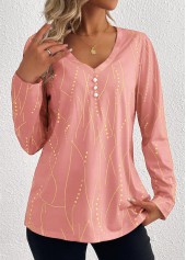 Pink Button Geometric Print Long Sleeve T Shirt | thumb picture 