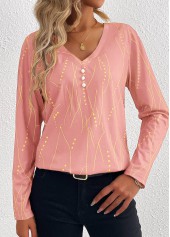 Pink Button Geometric Print Long Sleeve T Shirt | thumb picture 