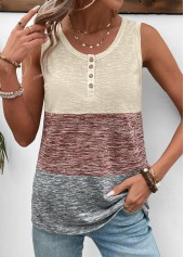 Light Coffee Patchwork Round Neck Tank Top