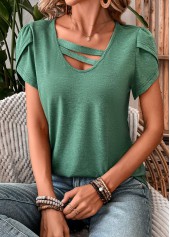 Turquoise Patchwork Short Sleeve V Neck T Shirt | thumb picture 