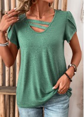 Turquoise Patchwork Short Sleeve V Neck T Shirt | thumb picture 
