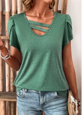 Turquoise Patchwork Short Sleeve V Neck T Shirt | thumb picture 