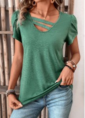 Turquoise Patchwork Short Sleeve V Neck T Shirt