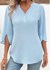 Light Blue Button 3/4 Sleeve Split Neck Blouse | thumb picture 