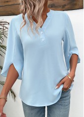 Light Blue Button 3/4 Sleeve Split Neck Blouse | thumb picture 